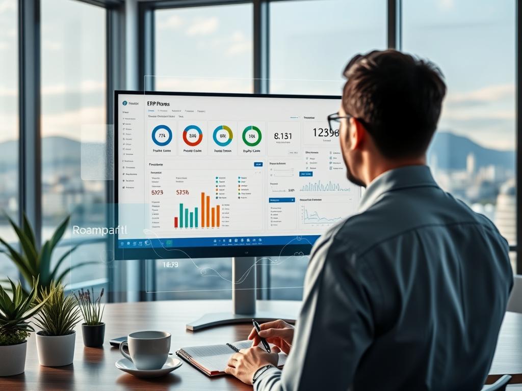 Professional in modern NZ office learning ERP systems with dashboard ...